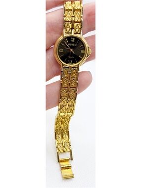 Vintage Women’s Wristwatch Gold Tone Black Retro 80s 90s Link Chain Bracelet
